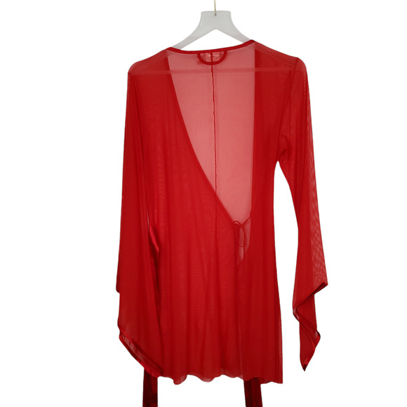 Fredericks of Hollywood Red Sheer Mesh Long Bell Flare Sleeve Wrap Robe S/M - Picture 2 of 9